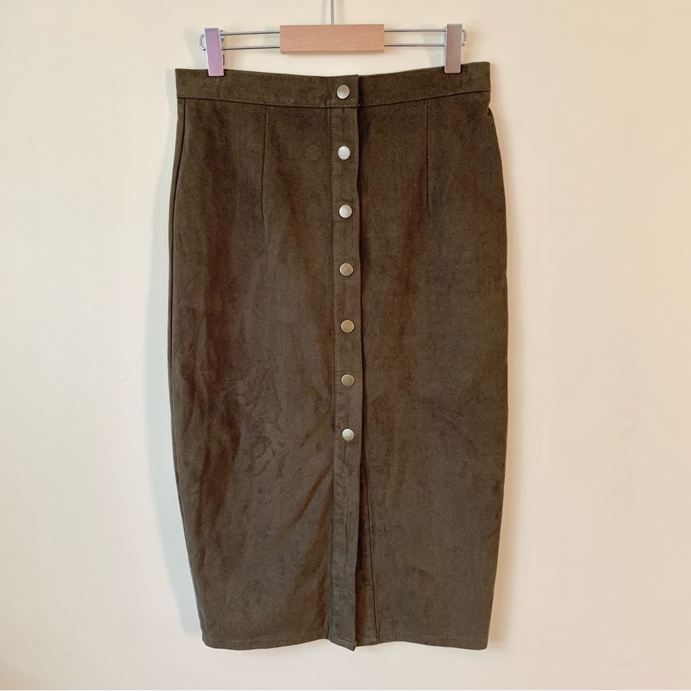REVAMPED Premium Collection Faux Suede Khaki Green Pencil Midi Skirt